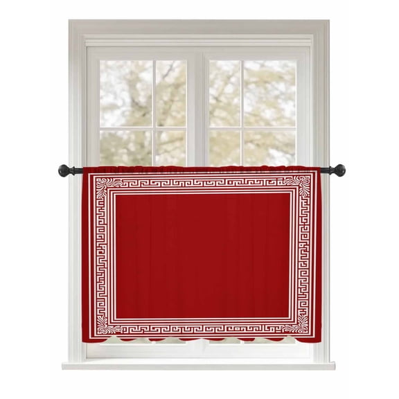 Sheer Curtains 54 Inch Length, Dark Red Greek Key Semi Sheer Curtains Light Filtering Window Treatment, Geometric Greece Ancient Farmhouse Geo Privacy Voile Drapes for Living Room Bedroom 52x54 Inch