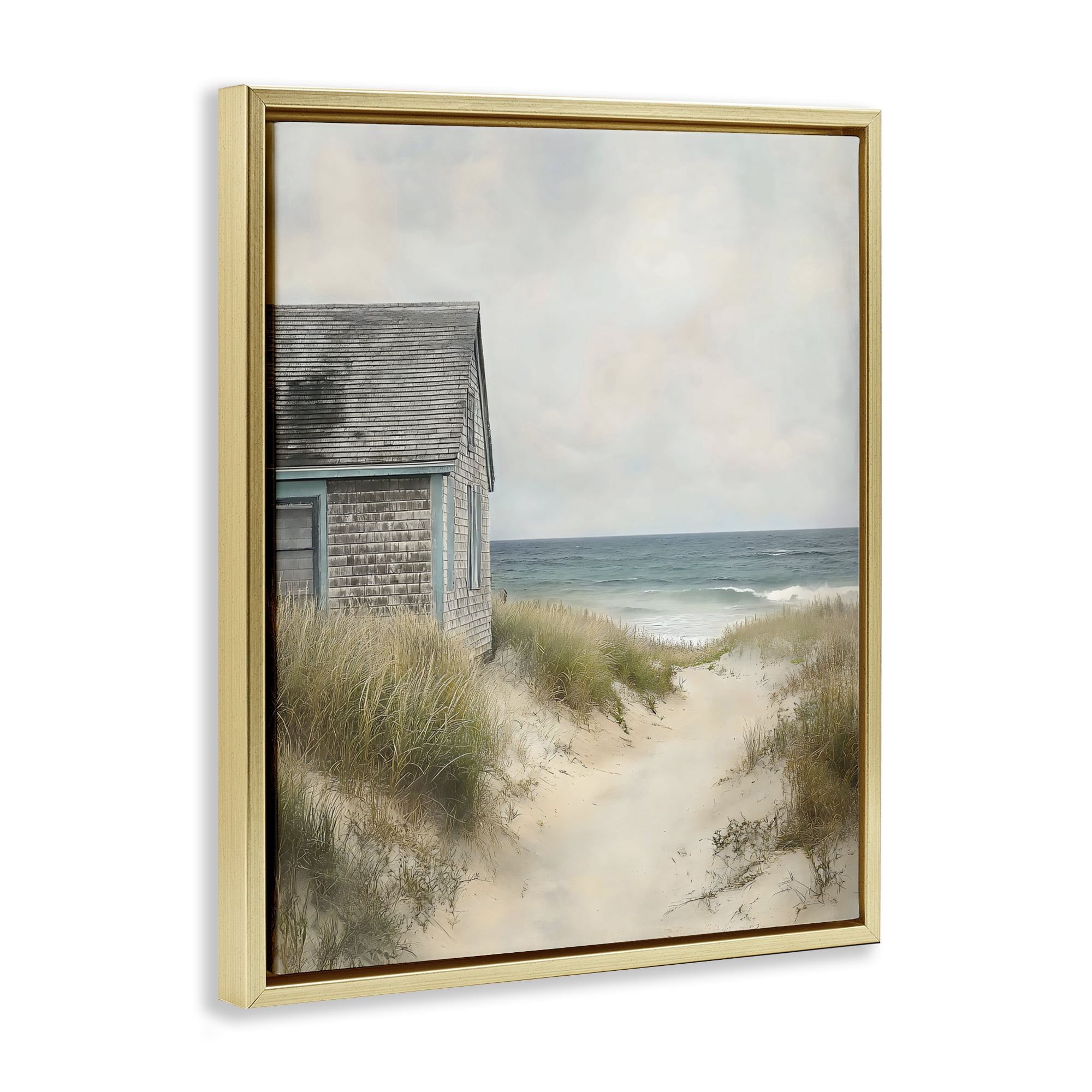 Stupell Industries Oceanfront Cottage on Dune Path Gold Framed Floater Canvas Wall Art, design by Creative Studio