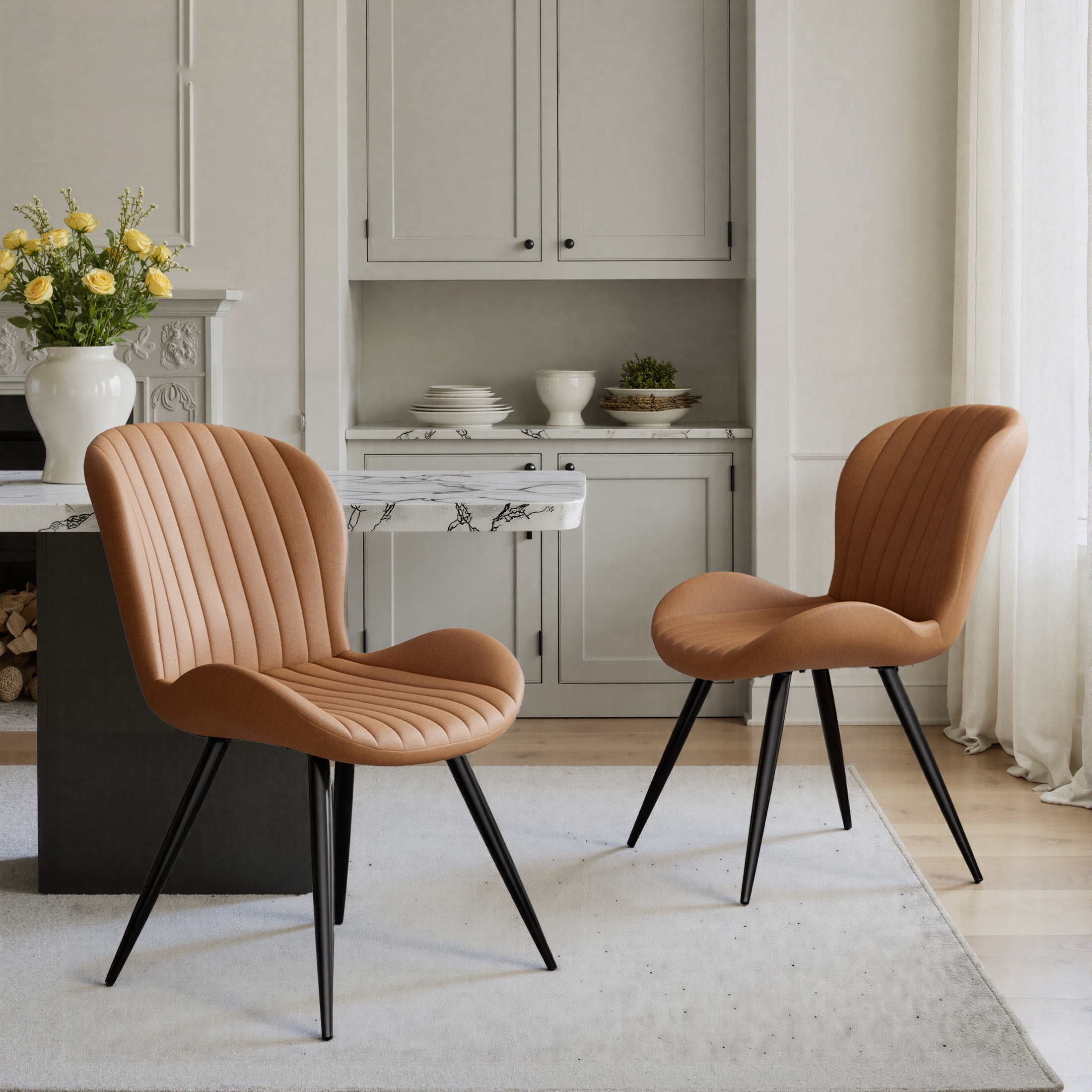 Daluvenix Modern Dining Chairs Set of 2 Upholstered Comfy Fabric Kitchen & Dining Room Chairs with Metal Legs & Thick Cushions for Living Room, Brown