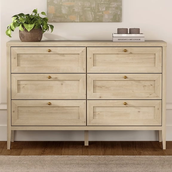 Joyyskill 6 Drawer Dresser 47" Wide Chest of Drawers Mid Century Modern Wooden Storage Dresser Organizer TV Stand, Light Oak