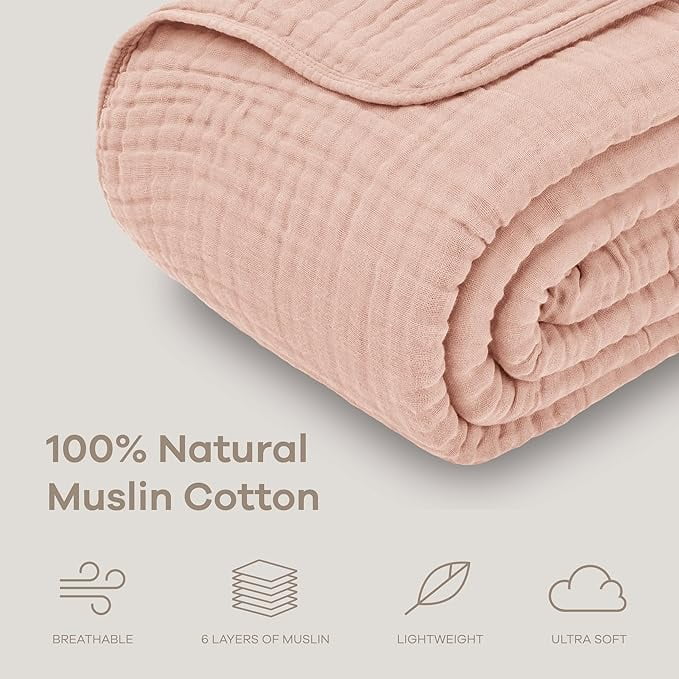 Comfy Cubs Muslin Blanket, Extra Large Twin 90” x 66”, 6 Layer Cooling Cotton Softness (Blush, Twin)