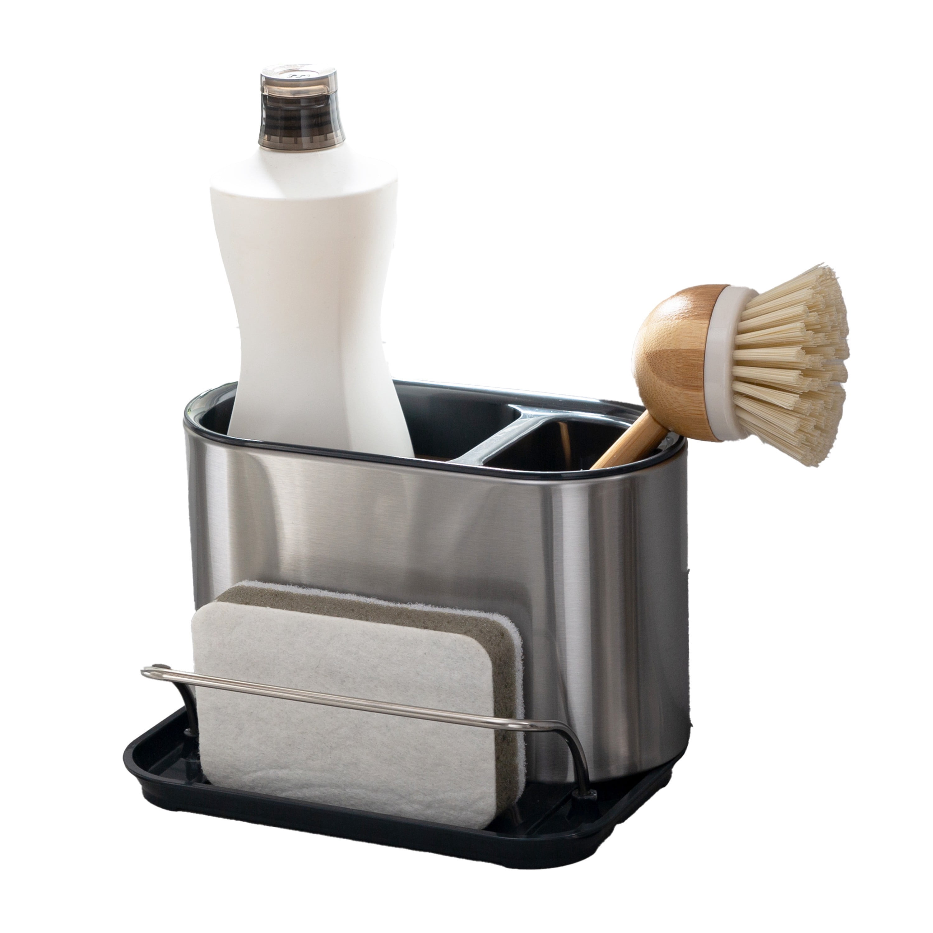 Kitchen Details 3-in-1 Stainless Steel Sink Organizer with Sponge Holder, Brush Holder & Dish Soap Dispenser | Self-Draining Kitchen Caddy | Countertop Storage