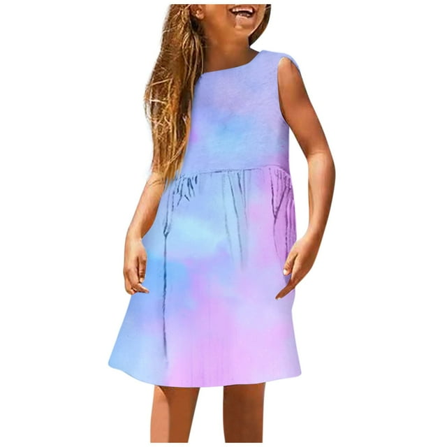 Robes Décontractées pour Filles, Été, Dégradé, Col Rond, Sans Manches, Ligne A, Extensible, Plage, Extérieur, Usage Quotidien, Bleu, 7-8 Ans