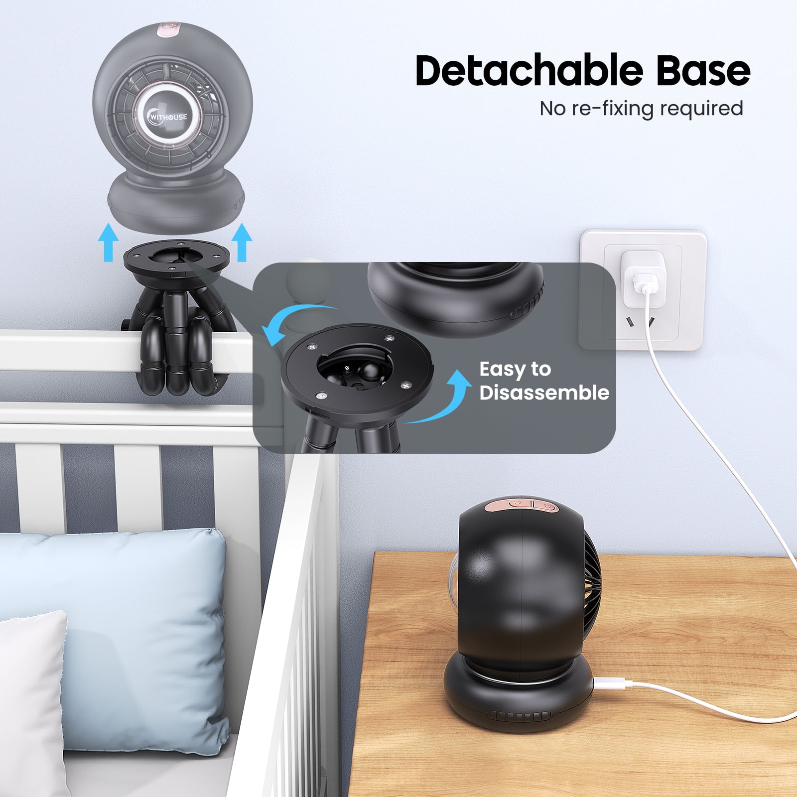 WITHOUSE Battery Operated Stroller Fan Large ,8000mAh Rechargeable Fan,  75° Auto Oscillation Portable Fan for Stroller, 4 Speeds with Natural Wind,5-12H Runtime, Detachable Base & LED Display