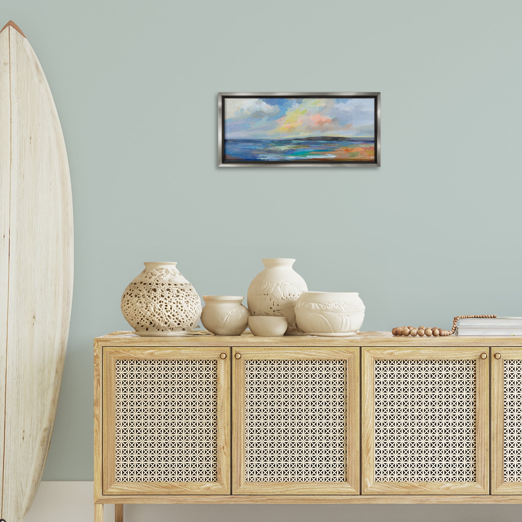 Stupell Industries Ocean Beach Sunset Landscape & Nature Painting Gray Floater Framed Canvas Art Print Wall Art, 25 x 11