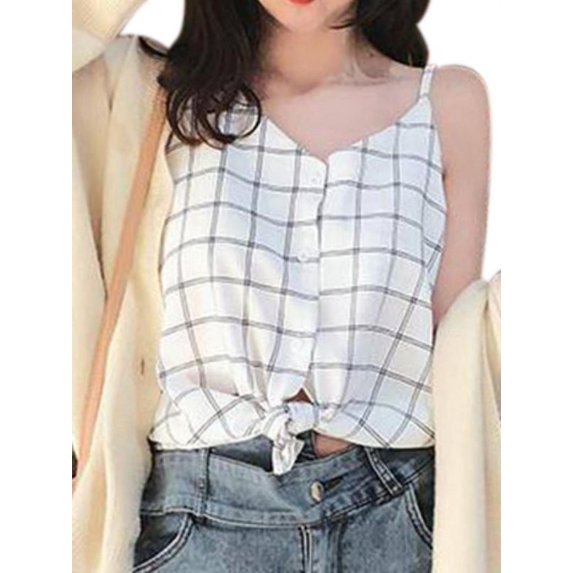 Ochine Summer Chiffon Shirt V Neck Spaghetti Strap Plaid Print Sleeveless Camisole Blouse Causal Sexy T Shirts Beach Vacation Club for Women, Average Size