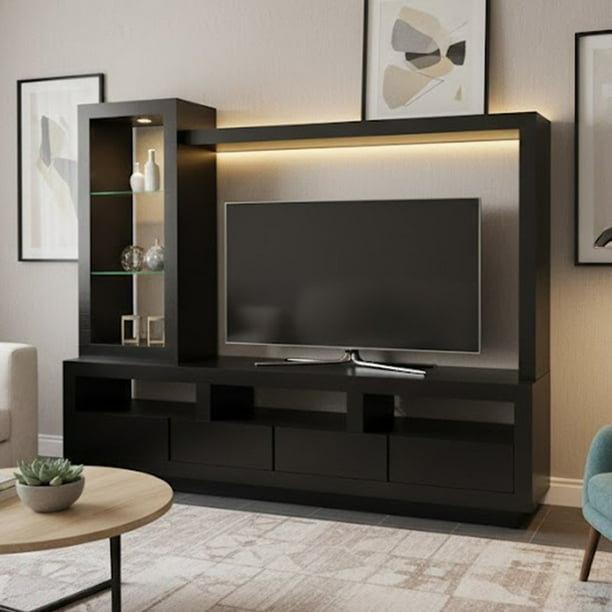 Centro De Entretenimiento Para Tv Entrepaños De Vidrio Chocolate Iktlan Reinicia 21 Muebles