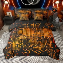 Manfei Geometric Plaid Grid 7-Piece Bedding Comforter Set for Boys Girls Kids,Orange Neon Lights King Bedding Sets,Futuristic Cubes Ultra Soft Bed Sheets,Microfiber Bedroom Decor,Reversible