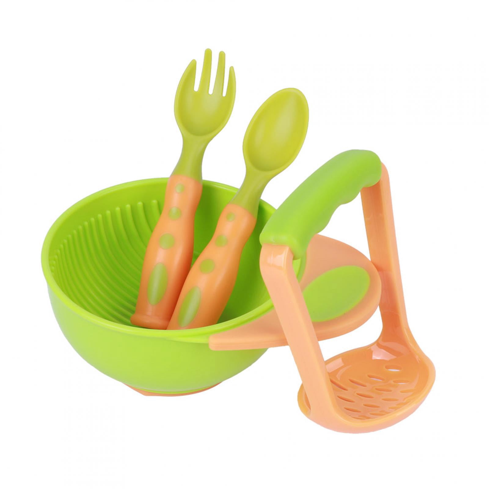 BIMZUC 4pcs Baby Food Masher Mash Serve Freshfood Bowl Infant Feeding Suction Spoons Set, Orange and Green