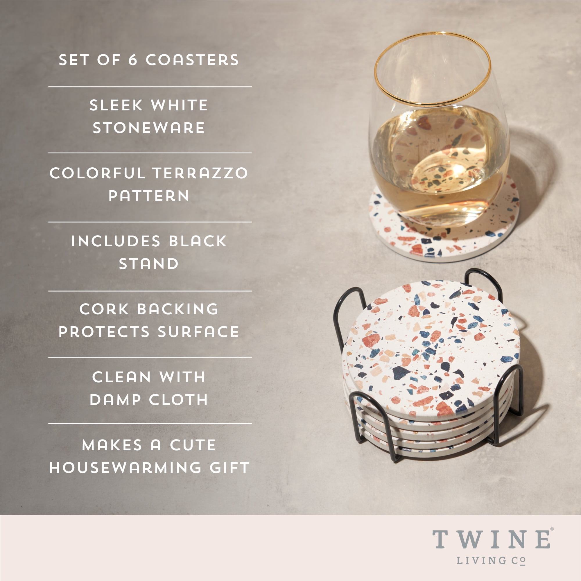 Twine Terrazzo Coasters, Stoneware Coaster Set, White Coasters With Stand,  Coffee Table Decor, Set Of 6, Multicolor : Target