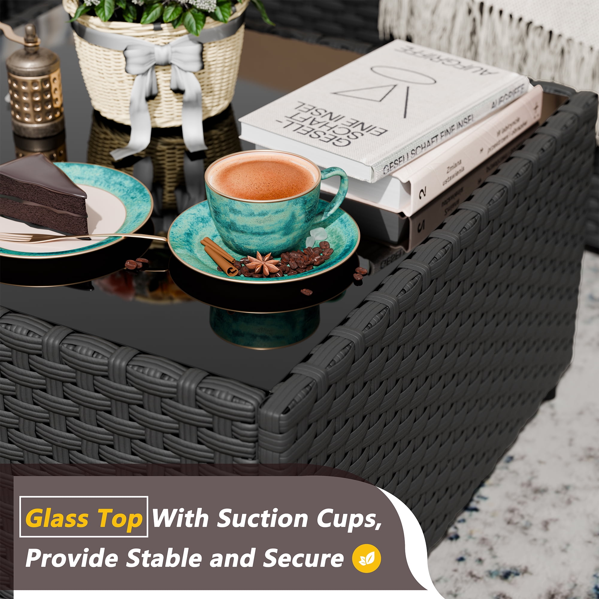 Walsunny 5 Pieces Patio Furniture Sets, Outdoor Wicker Rattan Patio Conversation Set with Cushions and Glass Table for Backyard, Garden,Pool, Black Rattan Khaki Cushions