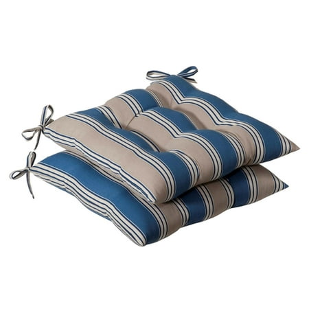 Pack of 2 Outdoor Patio Furniture Tufted Chair Seat Cushions - Blue & Tan Stripe