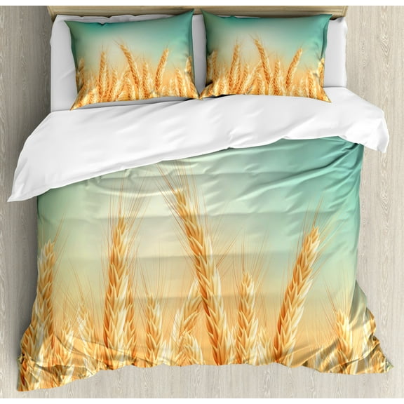 Harvest Duvet Cover Set King Size, Wheat Field and Blue Sky Agriculture Themed Abstract Composition, Decorative 3 Piece Bedding Set with 2 Pillow Shams, Yellow Orange Mint Green, by Ambesonne