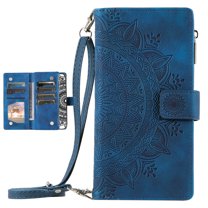 Crossbody Wallet Phone Case for Samsung Galaxy S21 FE, ELEHOLD Embossed PU Leather Zipper Pocket Folio Flip Case with Wrist / Shoulder Strap for Samsung S21 FE,Blue