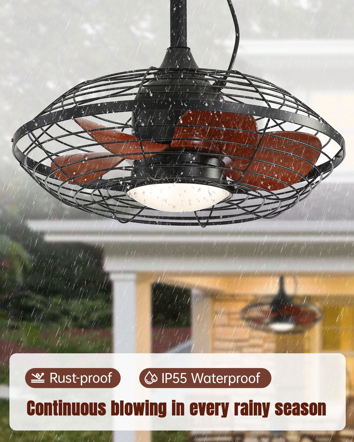 Sofucor 20-Inch Weatherproof Outdoor Ceiling Fan with Black Finish, LED Light, and Remote Control
