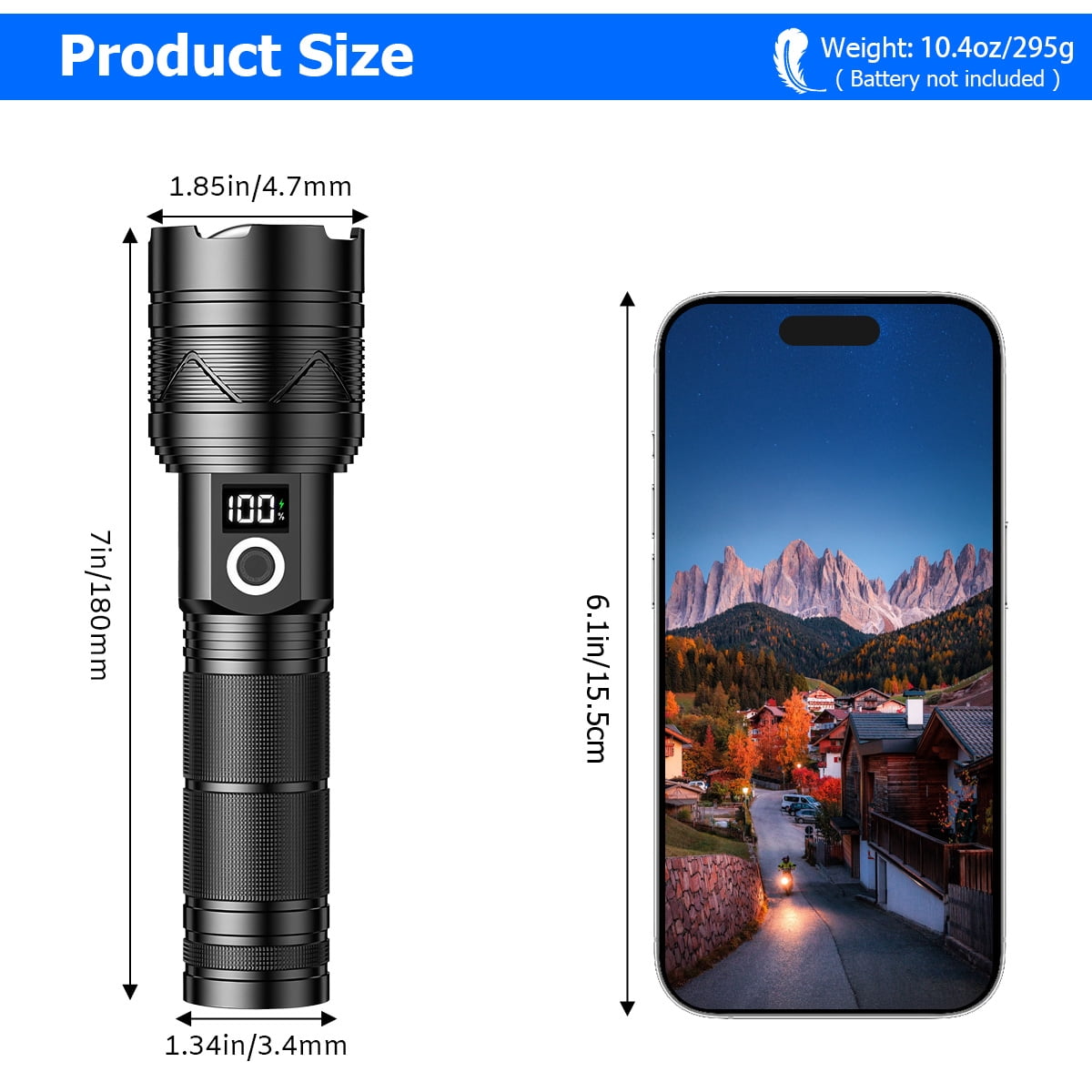 Super Bright 100000 High Lumens Powerful Flashlight,Rechargeable Waterproof Handheld Led Flashlight with Zoomable Focus and 26650 Battery for Camping, Hiking, Hunting, Hurrican