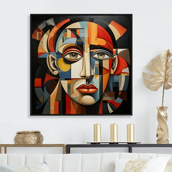 Designart "Cubism Portrait Inspired by Pablo Picasso II" Fashion Framed Wall Art - Glam Red Woman Abstract Entryway Framed Wall Art