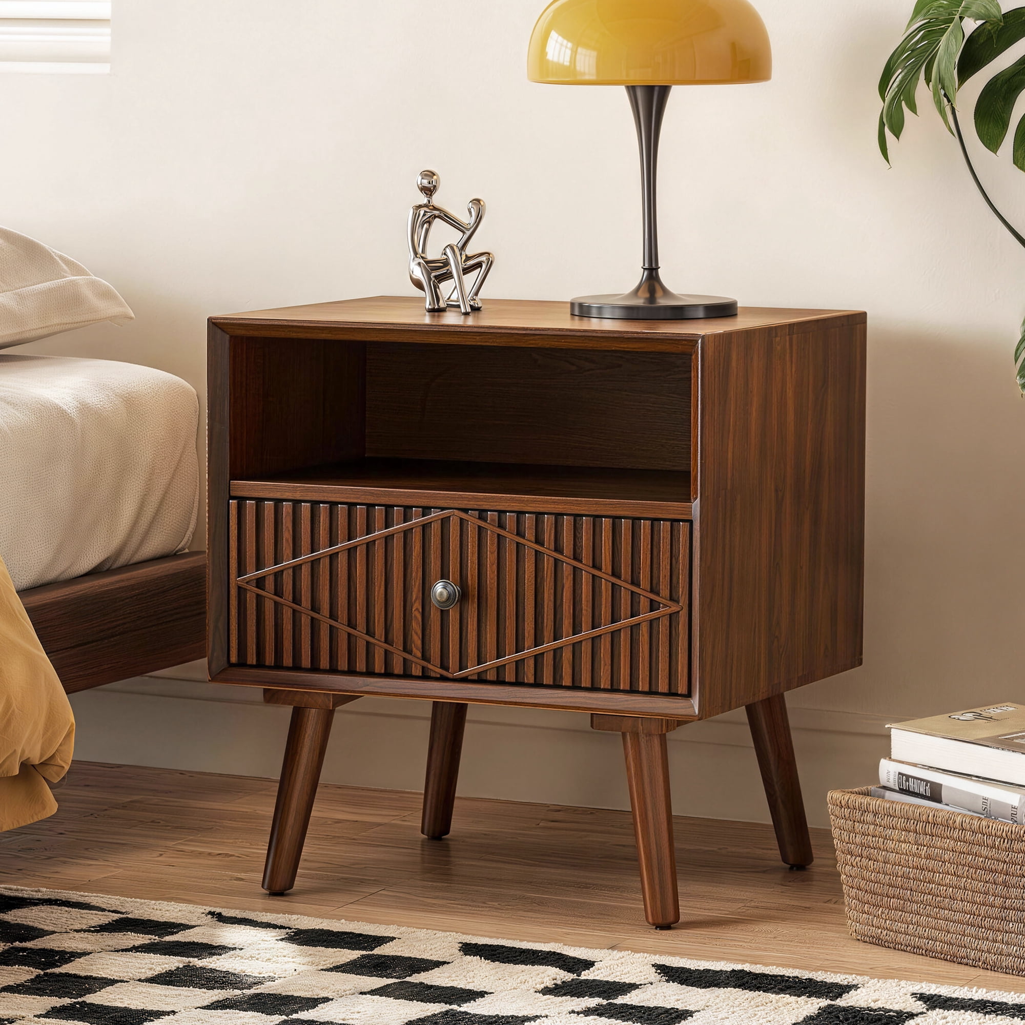 22" Mid-Century Modern Wood Nightstand with Carved Geometric Drawer Front, 1 Drawer and Open Shelf, Solid Wood Legs, Bedside Table for Bedroom