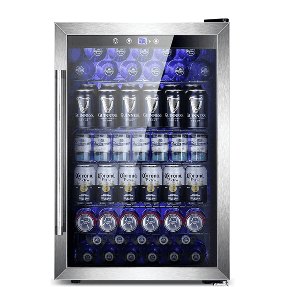 Auseo 150 Can Beverage Refrigerator Cooler with Stainless Steel Frame,Drink Fridge with Glass Door & Handle for Home