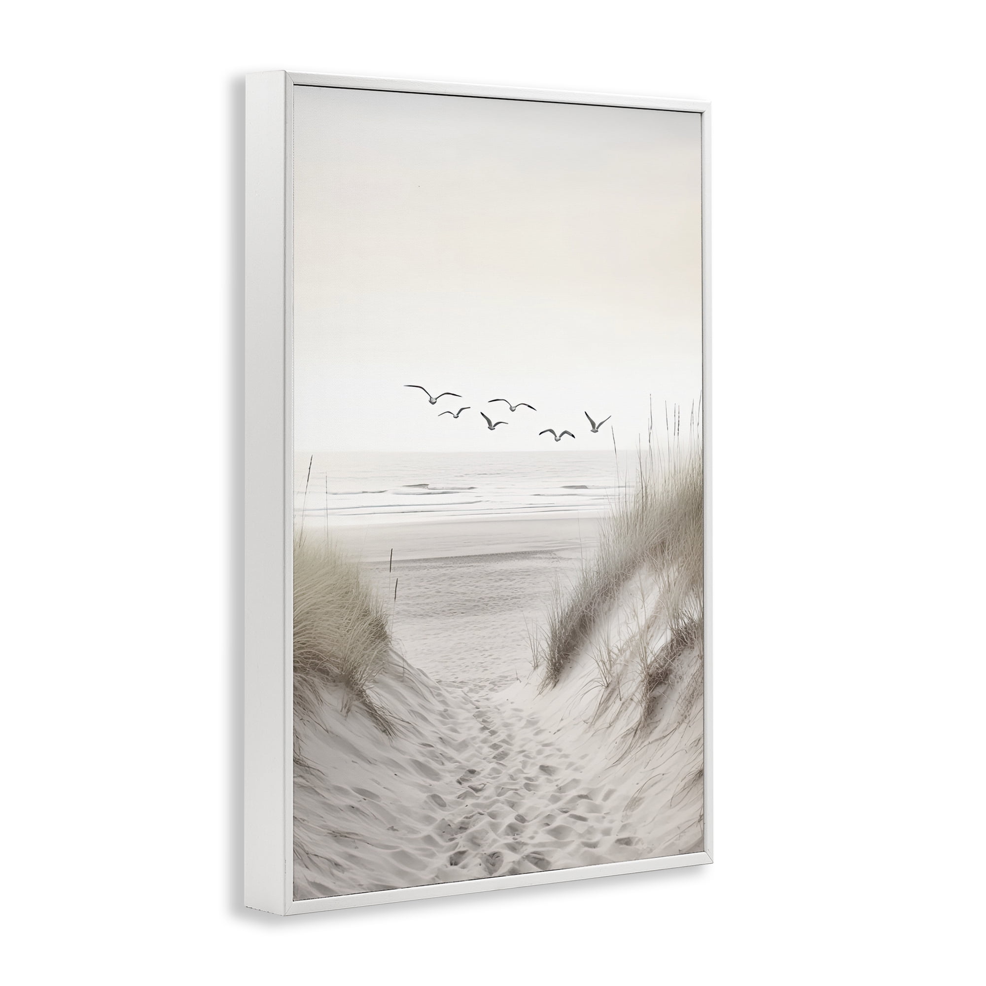 Seagulls over Sandy Footprints White Framed Giclee Art, design by Decent Exposures