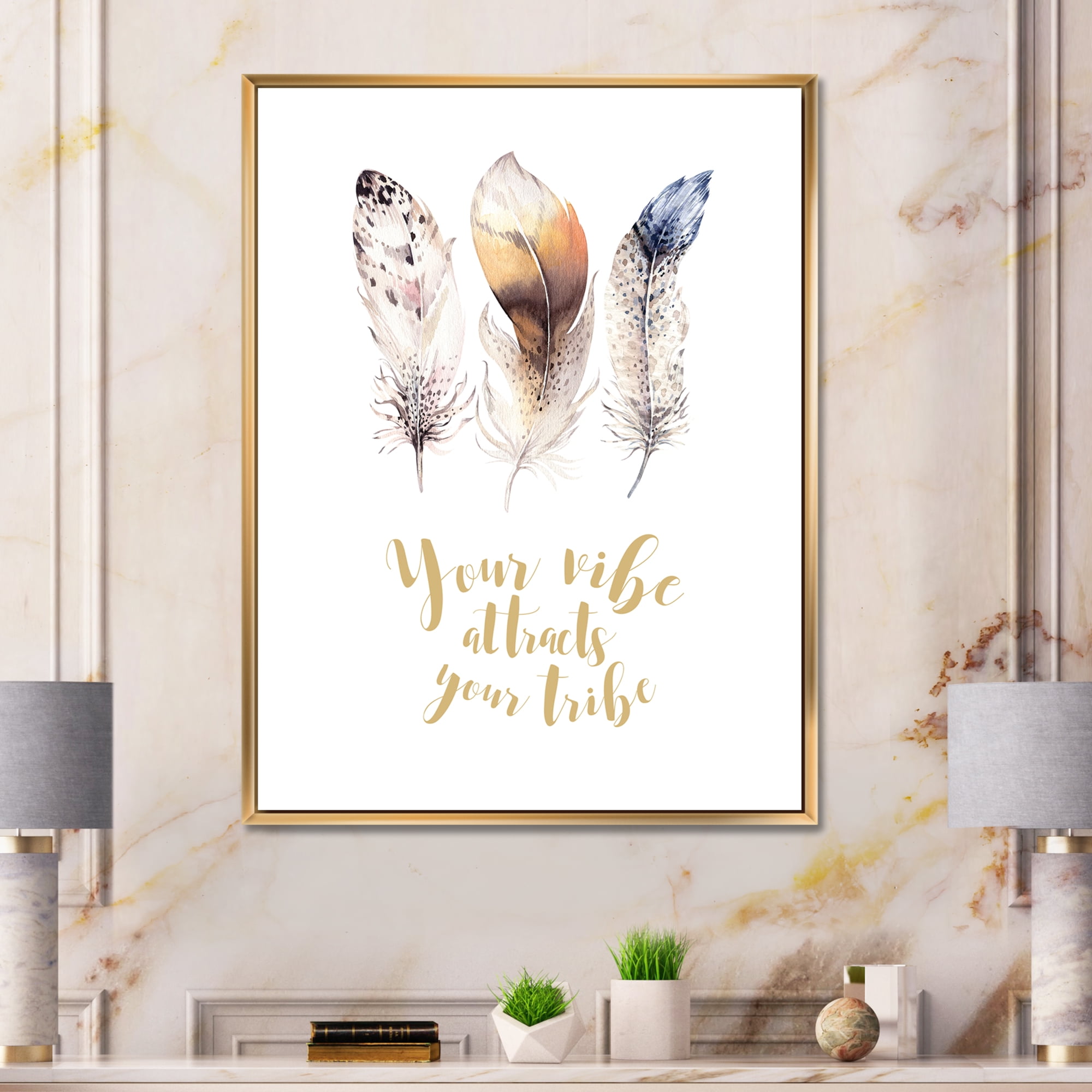 Designart 'Multicolored Ethnic Art Feathers With Inspiring Quote' Bohemian & Eclectic Framed Canvas Wall Art Print