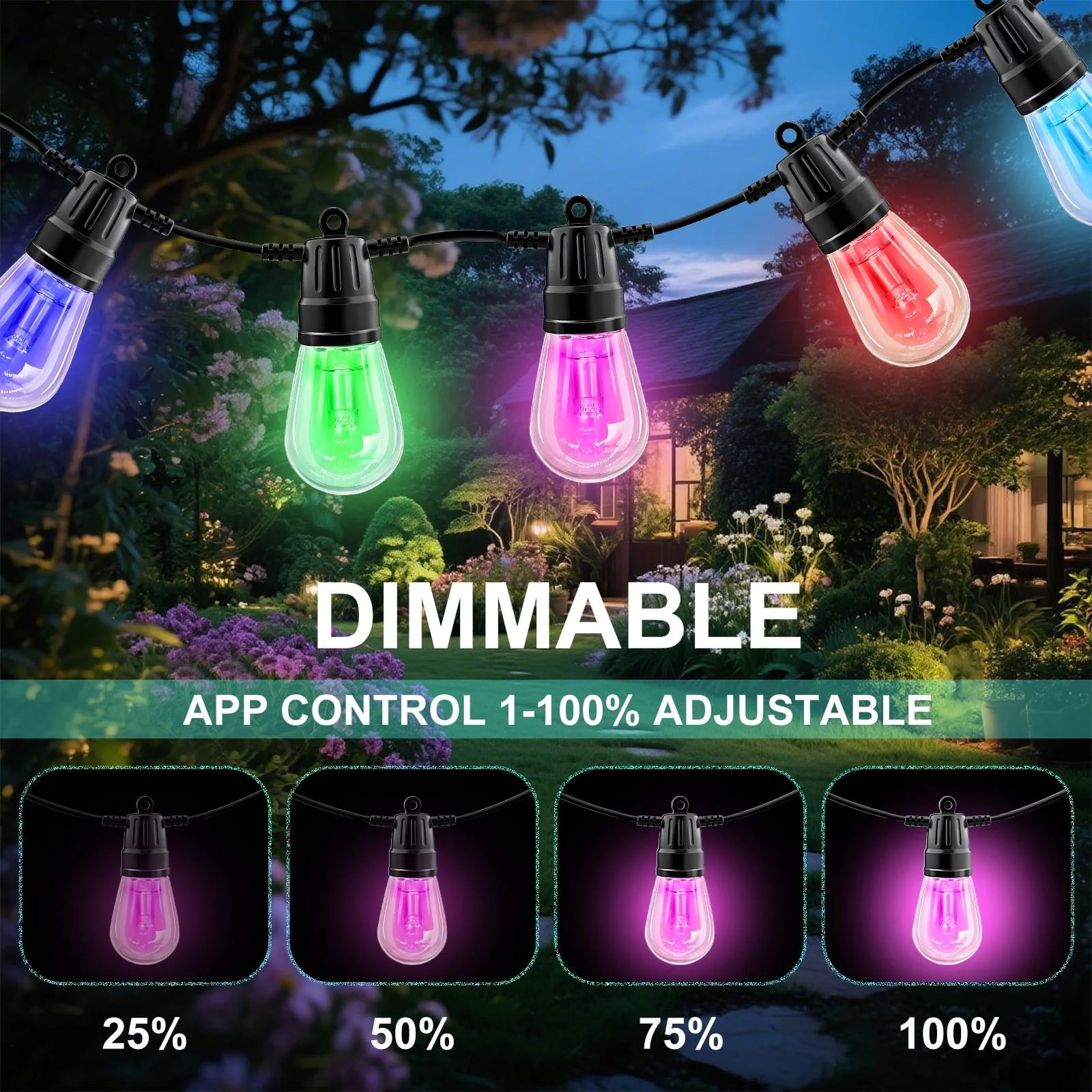 GLUAAE 50ft Outdoor String Lights with APP & Remote Control - RGB Waterproof LED Patio Lights, 20 Bulbs Hanging Lights for Garden, Backyard, Christmas, Party Decor