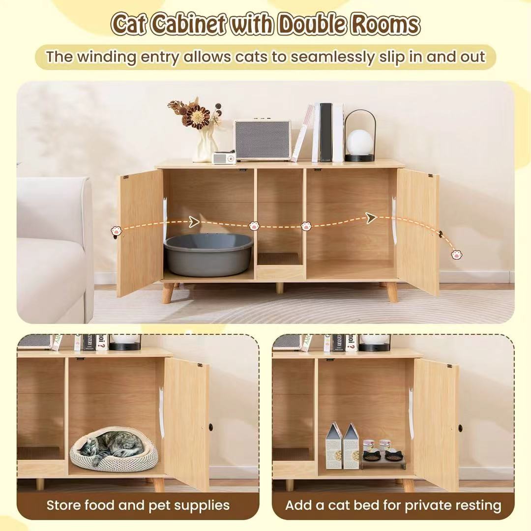 Auranook 43" Cat Litter Box Enclosure for 2 Cats w/ Double Rooms 2 Sisal Scratching Mats