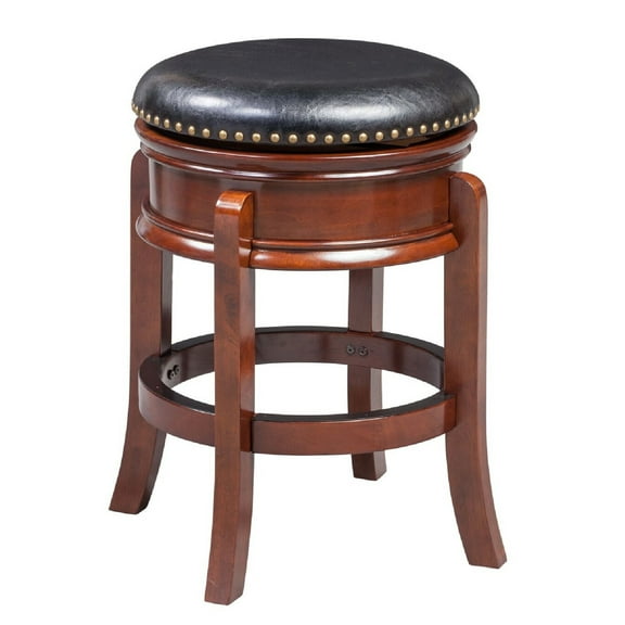 Benjara Sabi 24 inch Swivel Counter Stool, Solid Wood, Faux Leather, Brown, Black