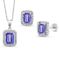 Gem Stone King 925 Sterling Silver Blue Tanzanite Pendant and Earrings Jewelry Set for Women | 6.86 Cttw | Emerald Cut 9X7MM and 8X6MM | Gemstone December Birthstone | with 18 inch Silver Chain