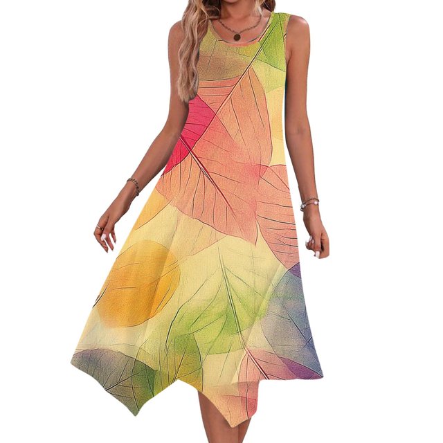 Ovzne Robes Grande Taille pour Femmes Rondes Robe de Plage Robes Sans Manches Col Rond Cordon Décontracté Volant Robe Trapèze Mini Robe de Printemps Imprimée Liquidation