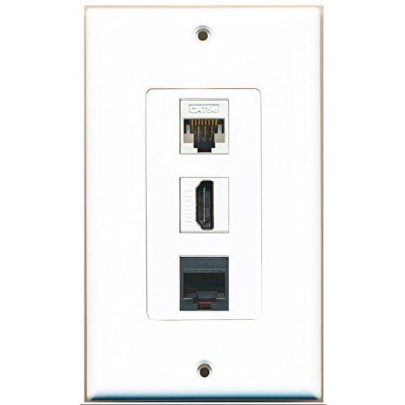 RiteAV - 1 Port HDMI and 1 Port Phone RJ11 RJ12 Black and 1 Port Cat5e Ethernet White Decorative Wall Plate