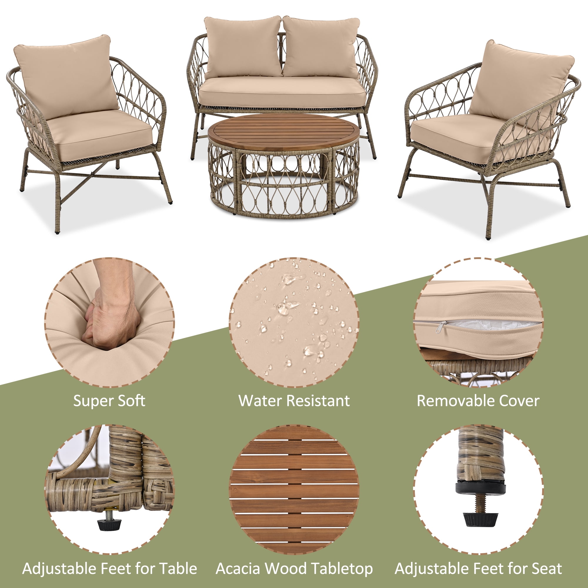 Highsound 4 Piece Patio Furniture Set, All Weather Outdoor Sectional Sofa Manual, Metal & Wicker Frame Patio Conversation Set with Coffee Table & Beige Cushions