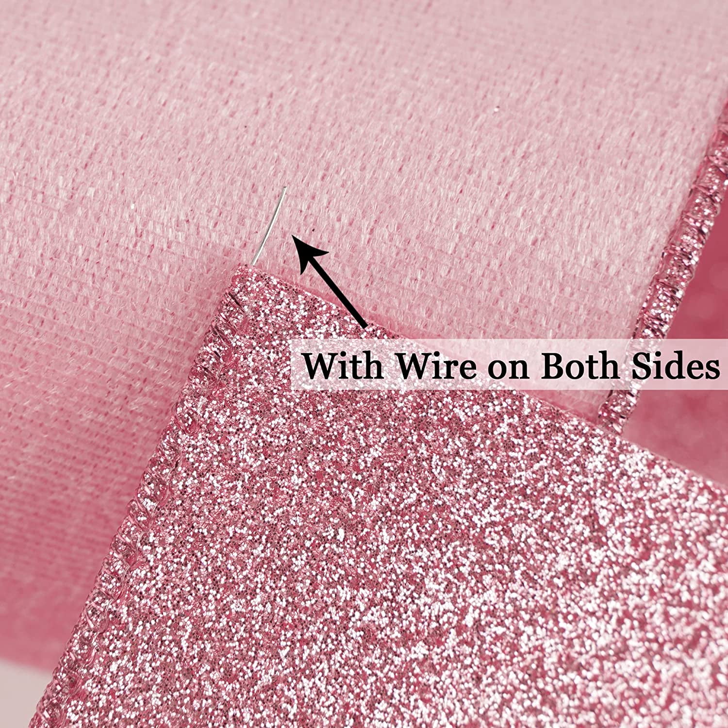 Pink Velvet Wired Ribbon Light Pink with Glitter Christmas Ribbon for Christmas Tree Decorations Wreaths Gift Wrapping Bows Garlands Home Decor Crafts- 10 Yards