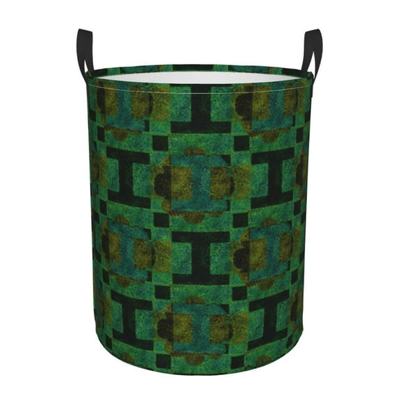 LNWH Laundry Basket, Green Retro Geometric Art Pattern Foldable Laundry Hamper With Handles Waterproof, Small Size