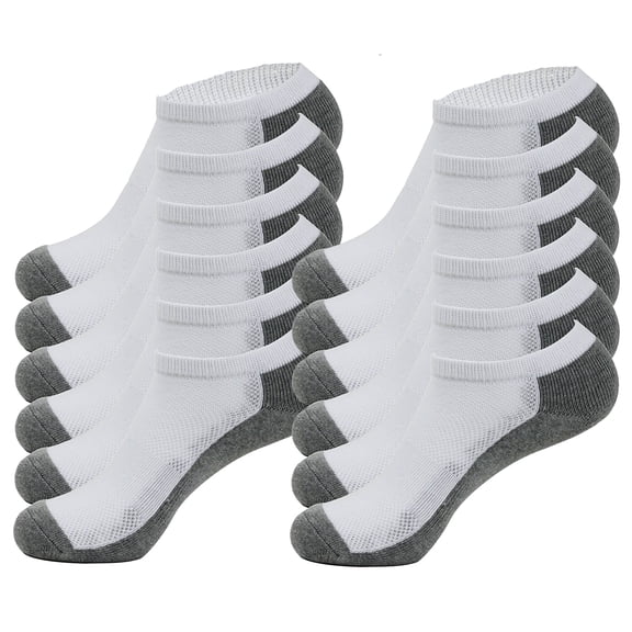 12-Pack Unisex Cotton Athletic Running Low-Cut Cushioned Socks 9-11, White/Gray