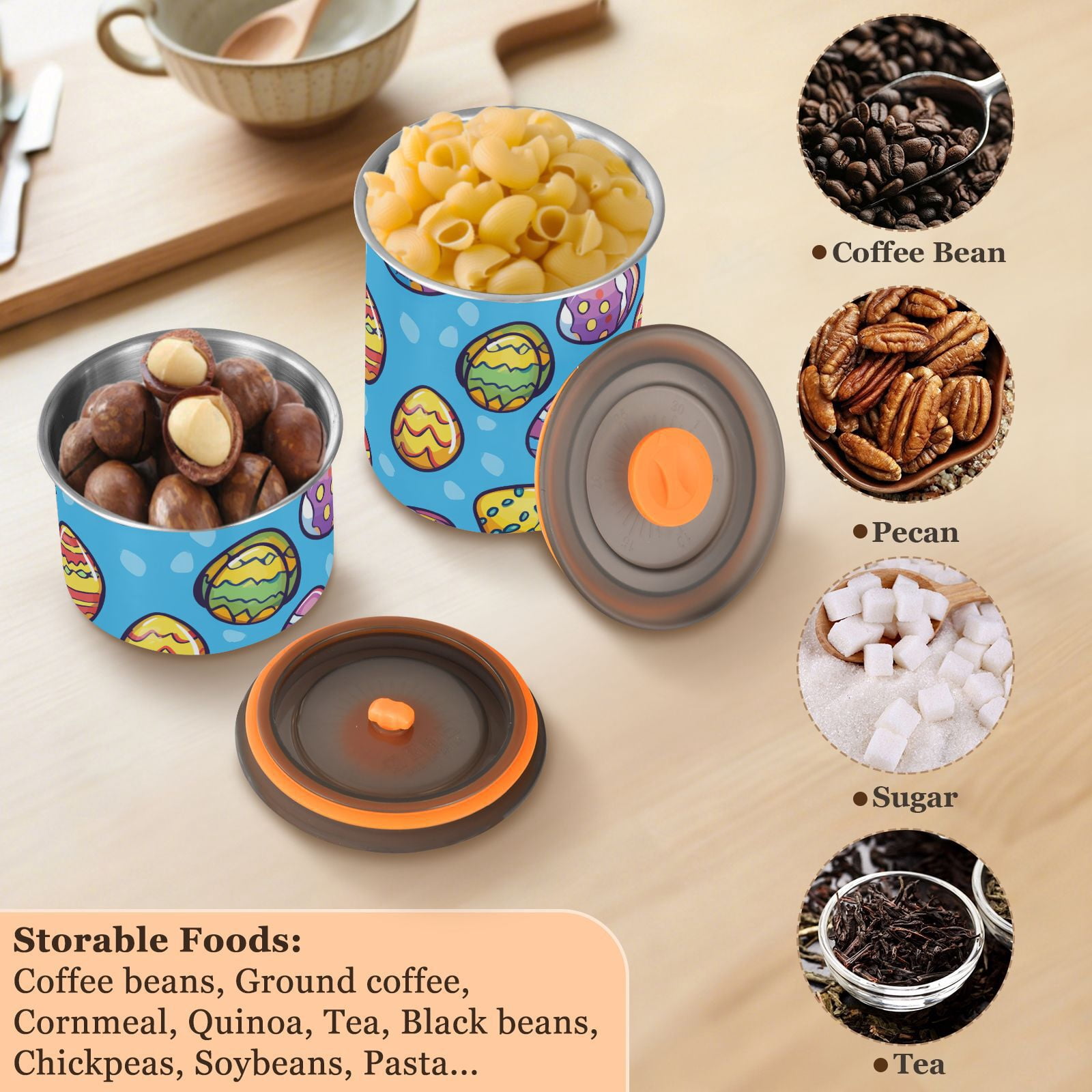 Easter Eggs Airtight Coffee Bean Canister 30oz Food Storage Containers with Lids For Gournd, Tea, Sugar, Flour, Rice, Cereal, Candy Cookie Jar