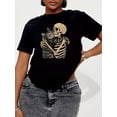 thumbnail image 2 of Women's Casual Crew Neck T-Shirt with Unique Cat & Skeleton Hug Design - Soft Polyester, Short Sleeve, Perfect for Spring & Summer, Locked In A Hug, Print, 2 of 6