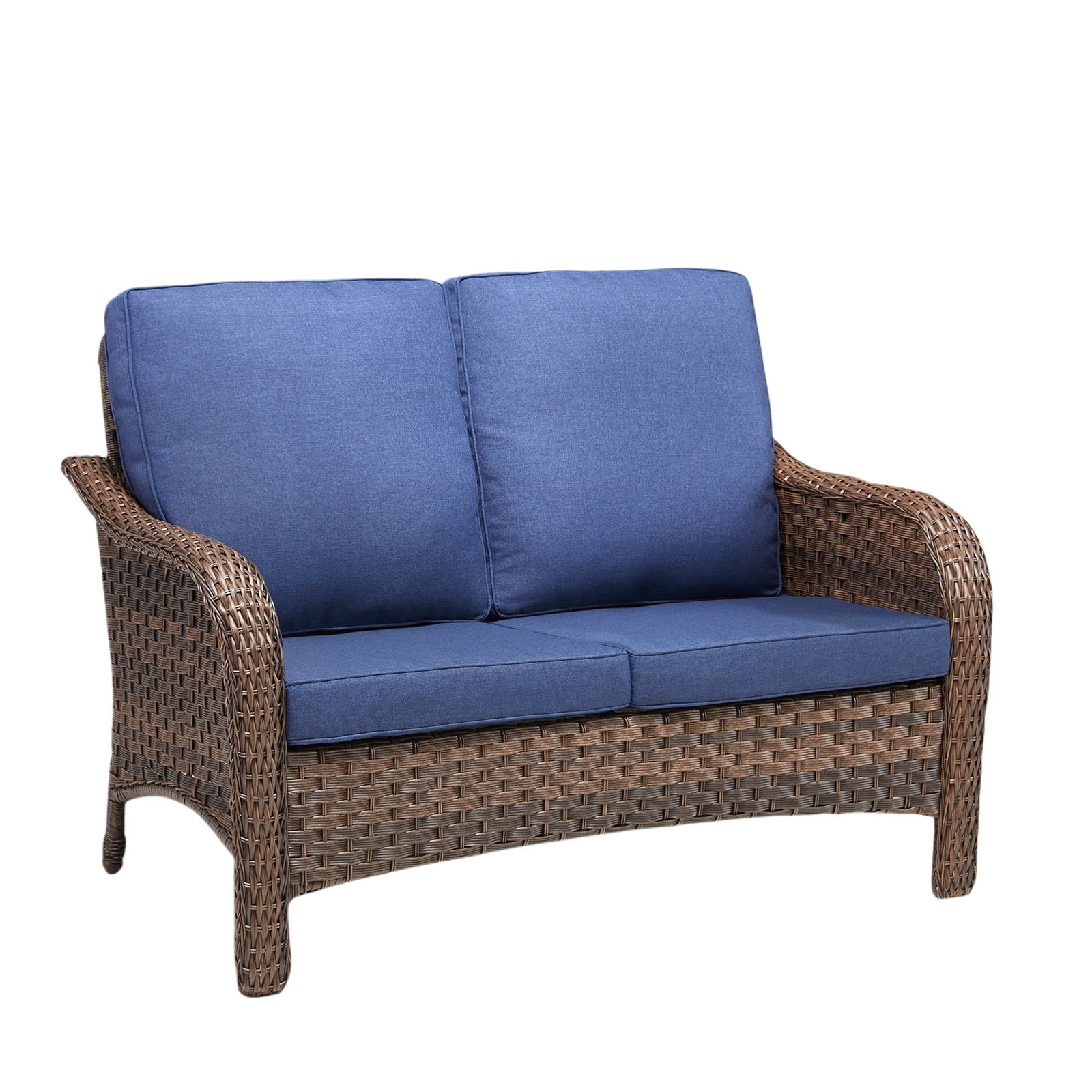Hommoo 49.6" PE Wicker Rattan Outdoor Patio Furniture Sofa Couch, 2 Seat Patio Loveseat Cushions, Blue