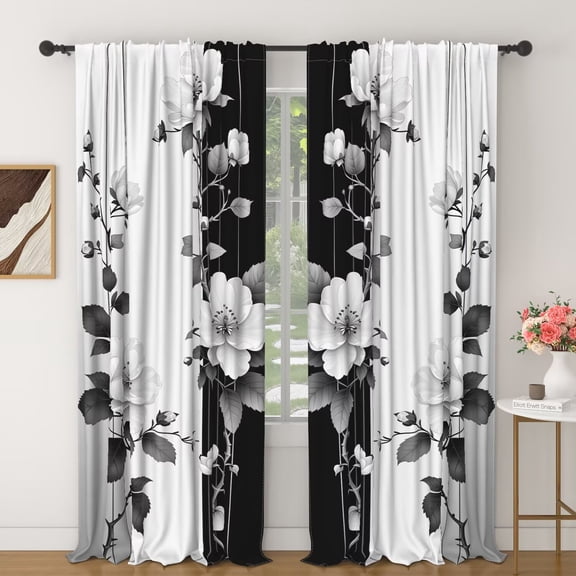 Lfeey Blackout Curtains, Black White Floral Print Rod Pocket, Room Bedroom Window Drapes Privacy, 42x63 Inch, Set of 2