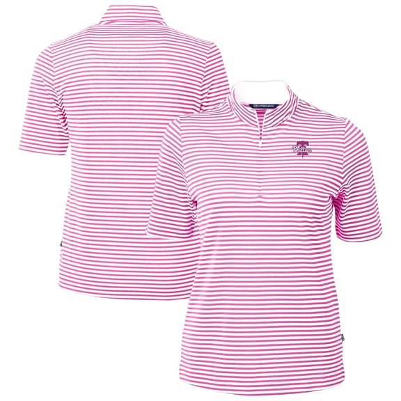 Women's Cutter & Buck Pink Philadelphia Phillies Virtue Eco Pique Stripe Recycled Quarter-Zip Top