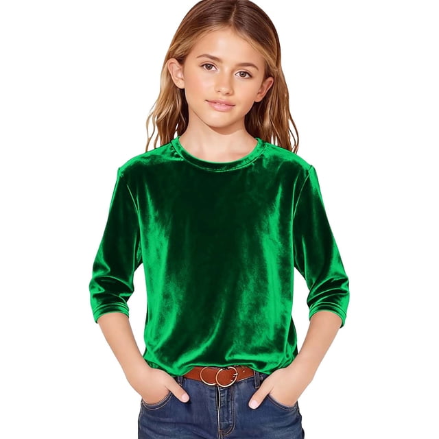 AWZXDE T-Shirt en Velours pour Filles à Manches 3/4, Doux, Col Rond, Hauts Décontractés pour Filles, T-Shirt de Base Confortable 3-14 Ans
