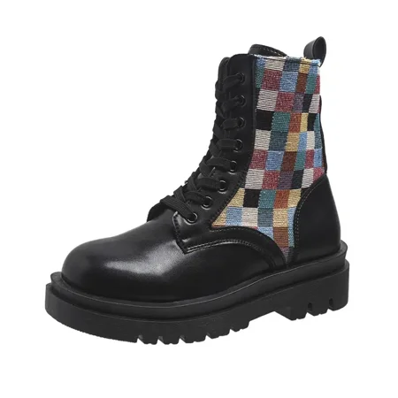 

Women‘s Martin Boots Ankle Boots Plaid Splice Lace-up Combat Boots