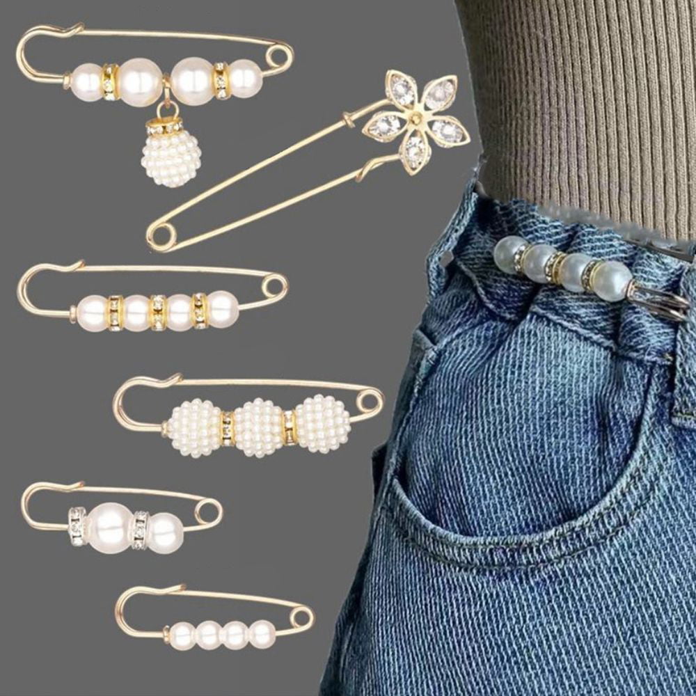 NIOUK 9 Pcs Pearl Brooch Pins Safety Pins for Clothes Sweater Shawl Clips Faux Pearl Rhinestones Brooches for Women Pants Extender Safety Pins
