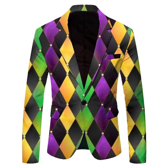 CONZONE Mardi Gras Men's Blazer Casual Suit Jacket for Men Fashion Graphic One Button Elegant Slim Fit Carnival Dress Jacket for Performance,Prom,Wedding