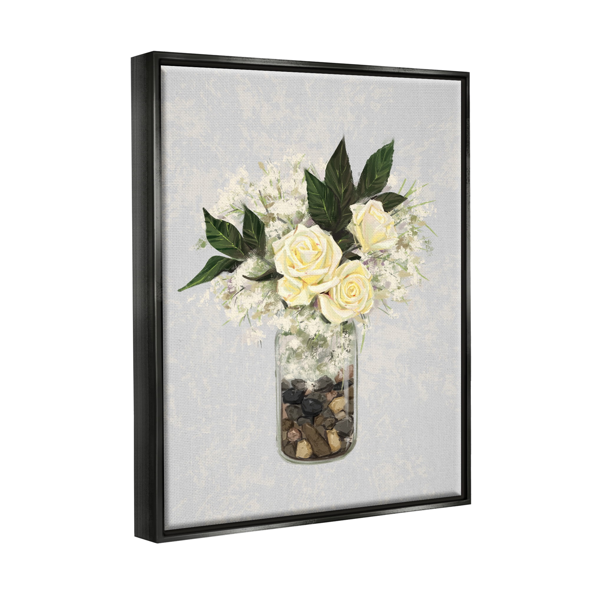 Stupell Industries Yellow Rose Flower Bouquet Decorated Rocks Vase Graphic Art Jet Black Floating Framed Canvas Print Wall Art, Design by Ziwei Li