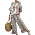 thumbnail image 4 of Cagogo Women Plus Size 2 Piece Set Boho Vacation Outfits Loose Round Neck Short Sleeve Tops Wide Leg Pants Casual Summer Cruise Matching Lounge Sets Airport Travel Clothes, Red S, 4 of 5