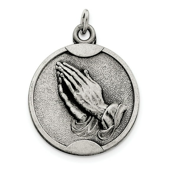 Sterling Silver Antiqued Praying Hands Pendant - 8.3 Grams - Measures 40x30mm Wide