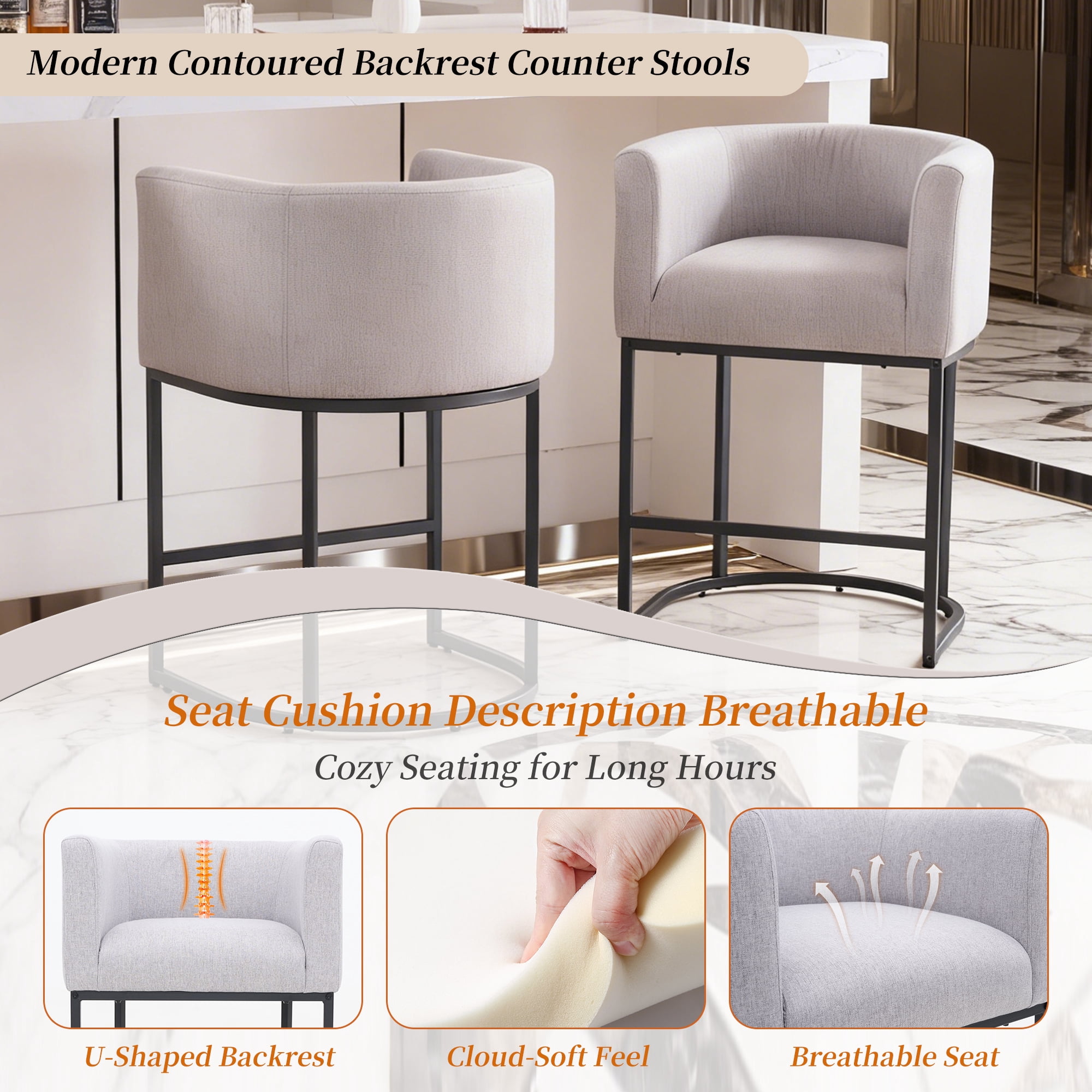 ClinQ Counter Height Bar Stool Set of 4, 26 in Fabric Upholstered Seat, Metal Legs for Indoor Dining Room and Kitchen Island, Lightgrey