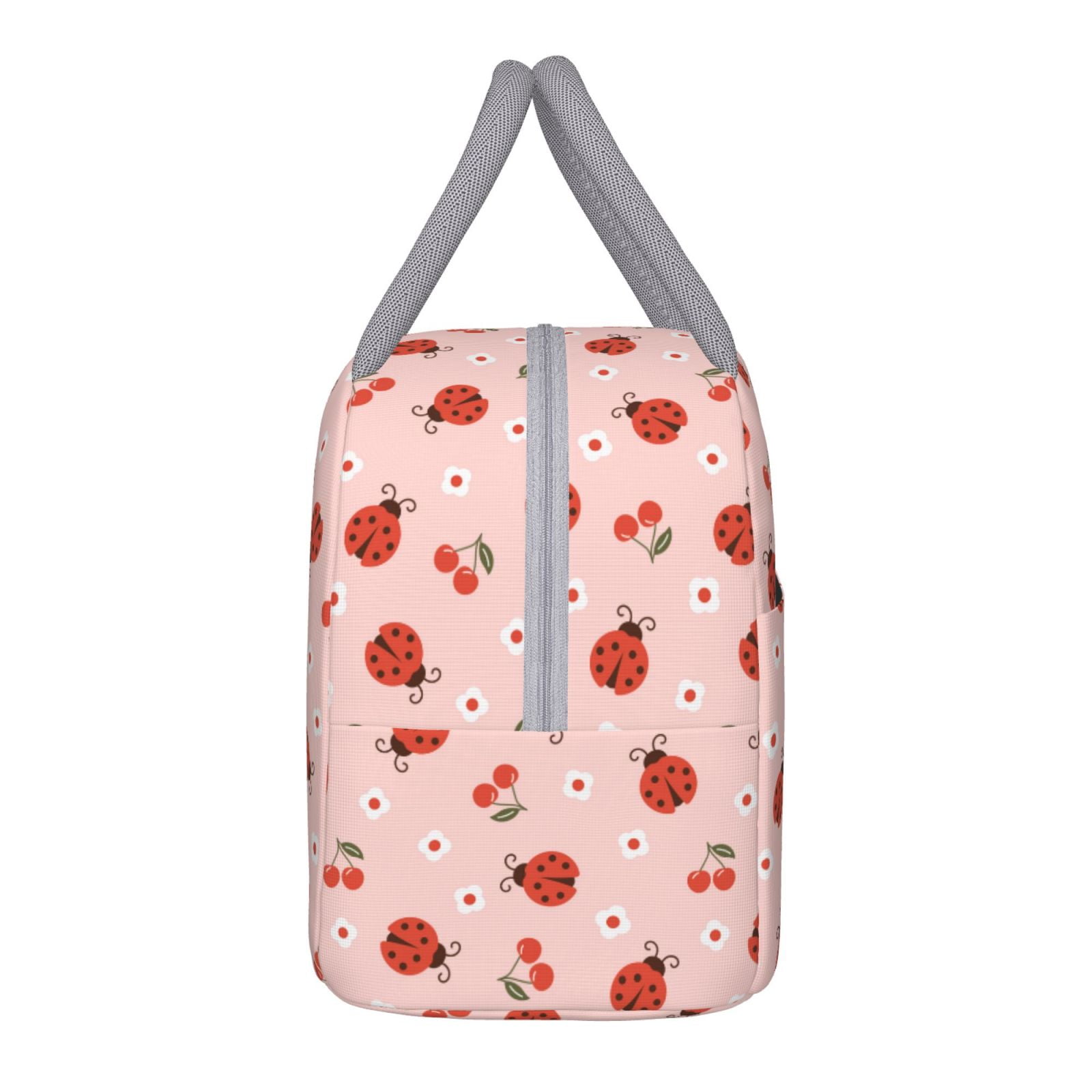 Horeoi Ladybug With Flower Pattern Large Insulated Lunch Bag for Work, School, Picnic - Waterproof, Durable Oxford Cloth, Comfortable Handle-Light Grey