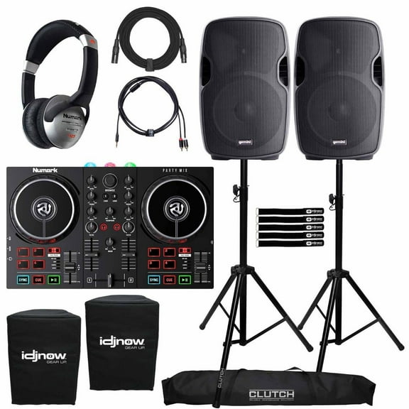 Numark Party Mix II Built-In Light Show DJ Controller with Gemini AS-1500P 15" Active Speakers Package